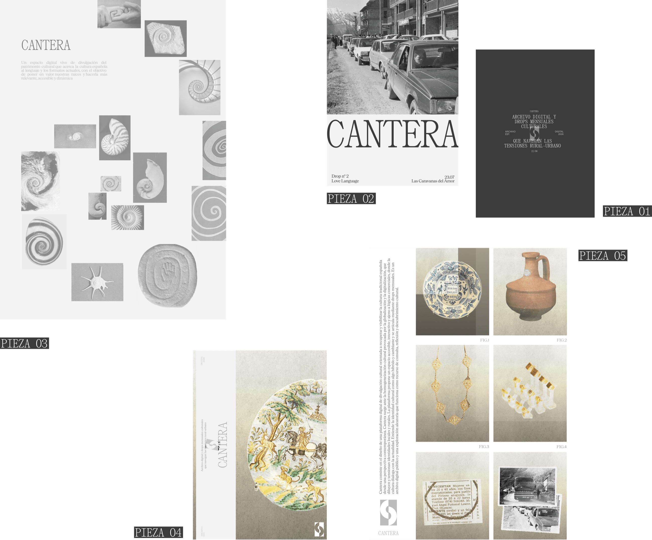 CANTERA — mosaico de piezas del proyecto (piezas 01 a 04)