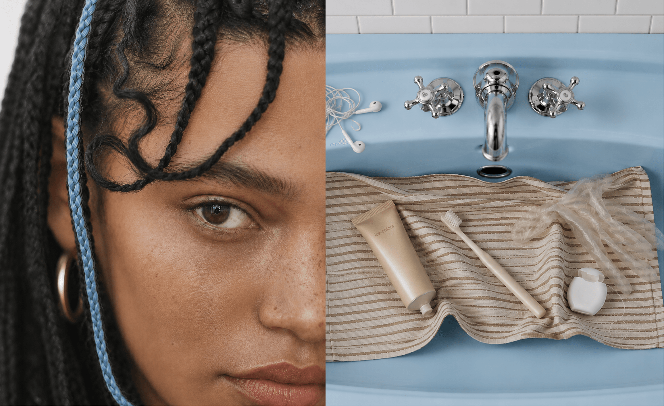 ICE-COLORS — retrato con trenzas junto a lavabo azul con productos de higiene