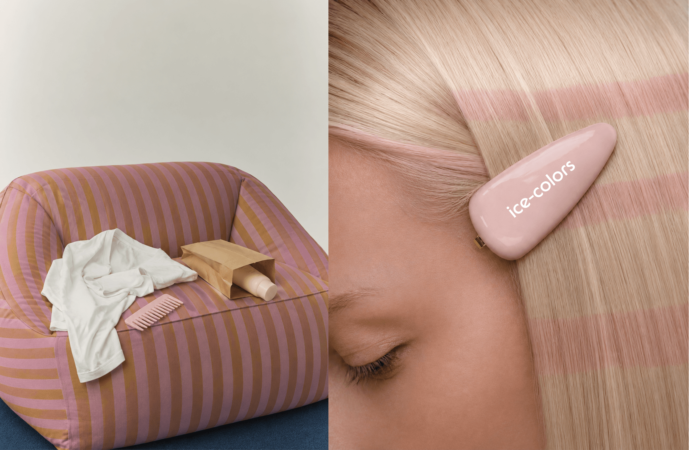 ICE-COLORS — sillón rosa con ropa y bolsa de papel junto a clip de pelo de la marca