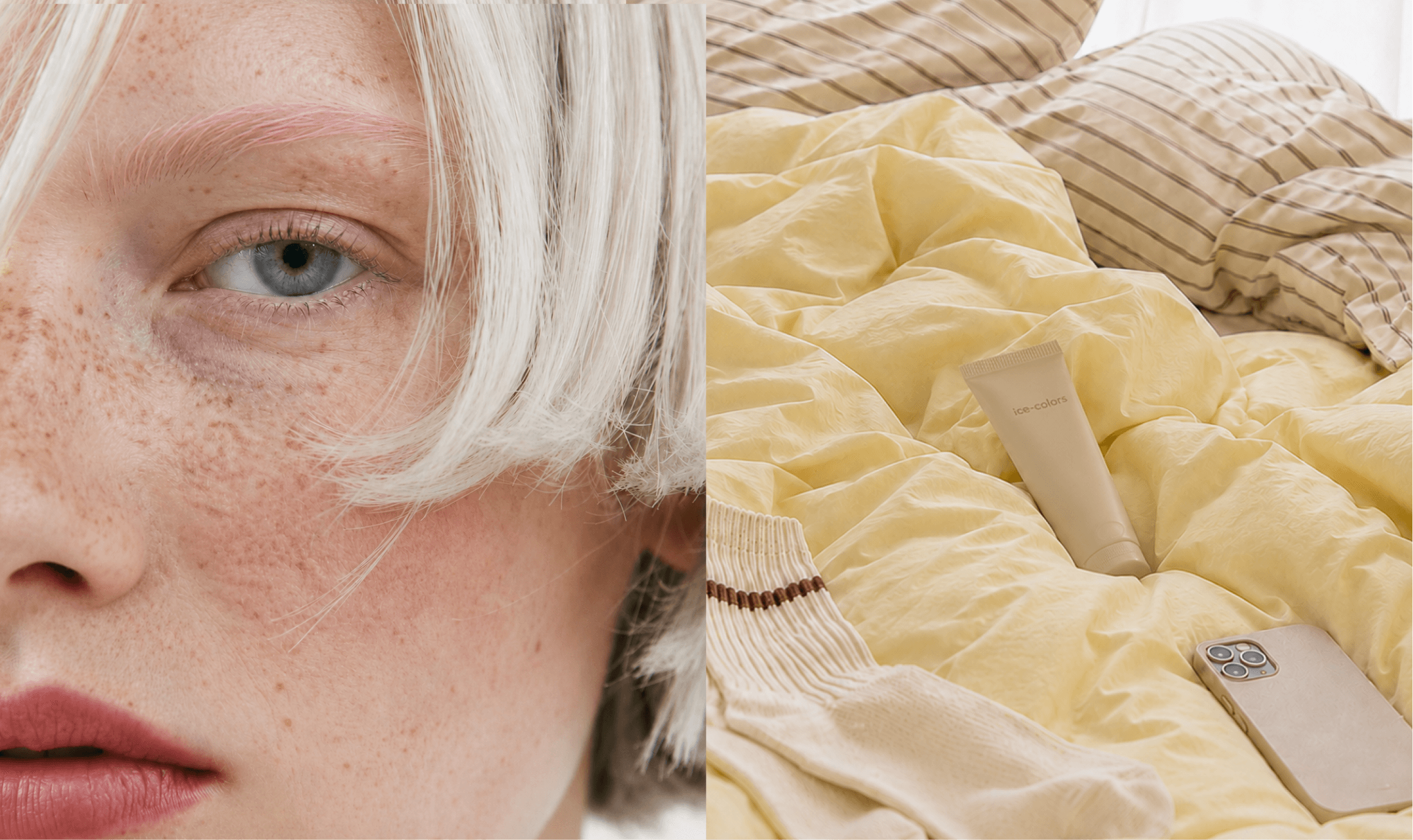 ICE-COLORS — retrato con pecas junto a cama con el producto y el móvil
