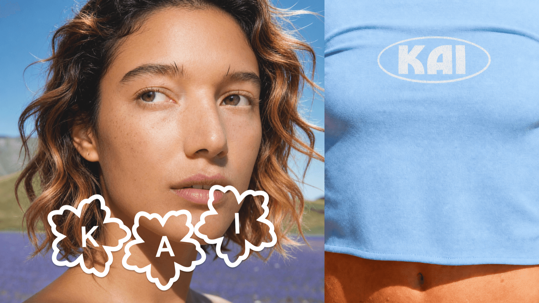 KAI — retrato con stickers K-A-I junto a top azul con el logo