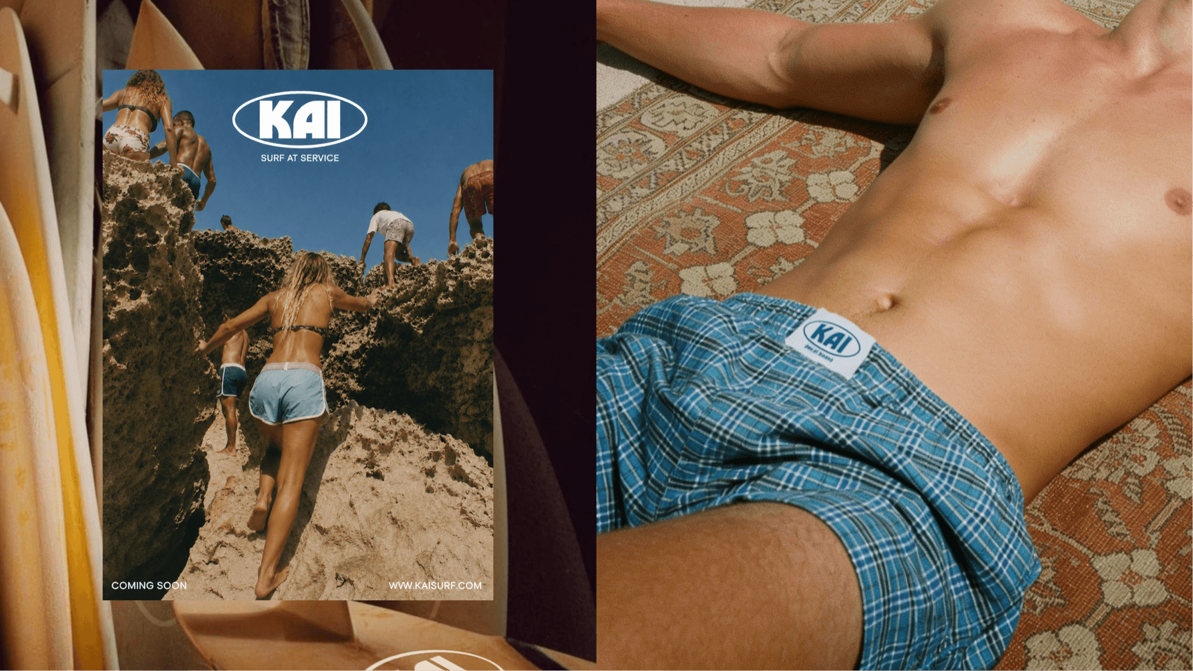KAI — cartel "Surf at service" junto a bañador de cuadros con etiqueta KAI